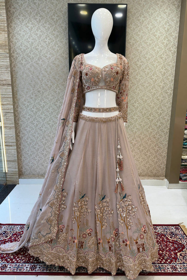 Beige Wedding Lehenga with Bird and Deer Motifs and Floral Bloom Embroidery with Belt