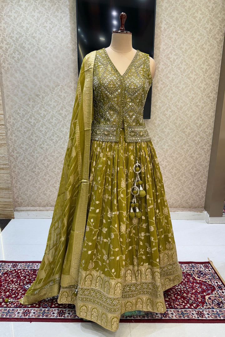 Mehendi Green Mirror, Beads, Sequins, Zardozi and Banaras work Peplum Style Lehenga