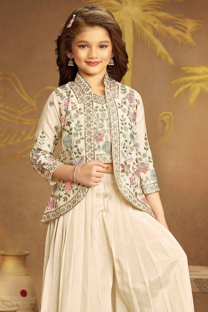Cream Multicolor Thread, Zari and Sequins work Jacket Styled Palazzo Suit Set for Girls
