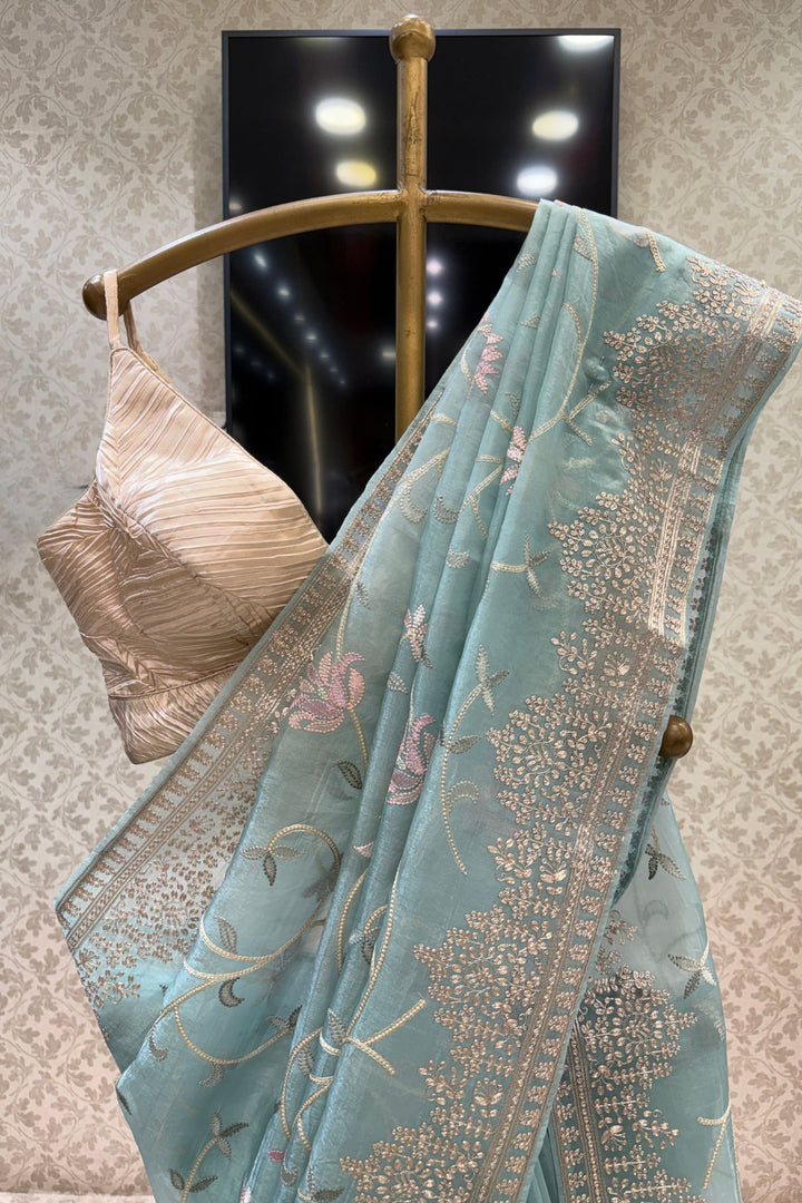 Sea Green Designer Saree with Silver Zari Border and Floral Embroidery