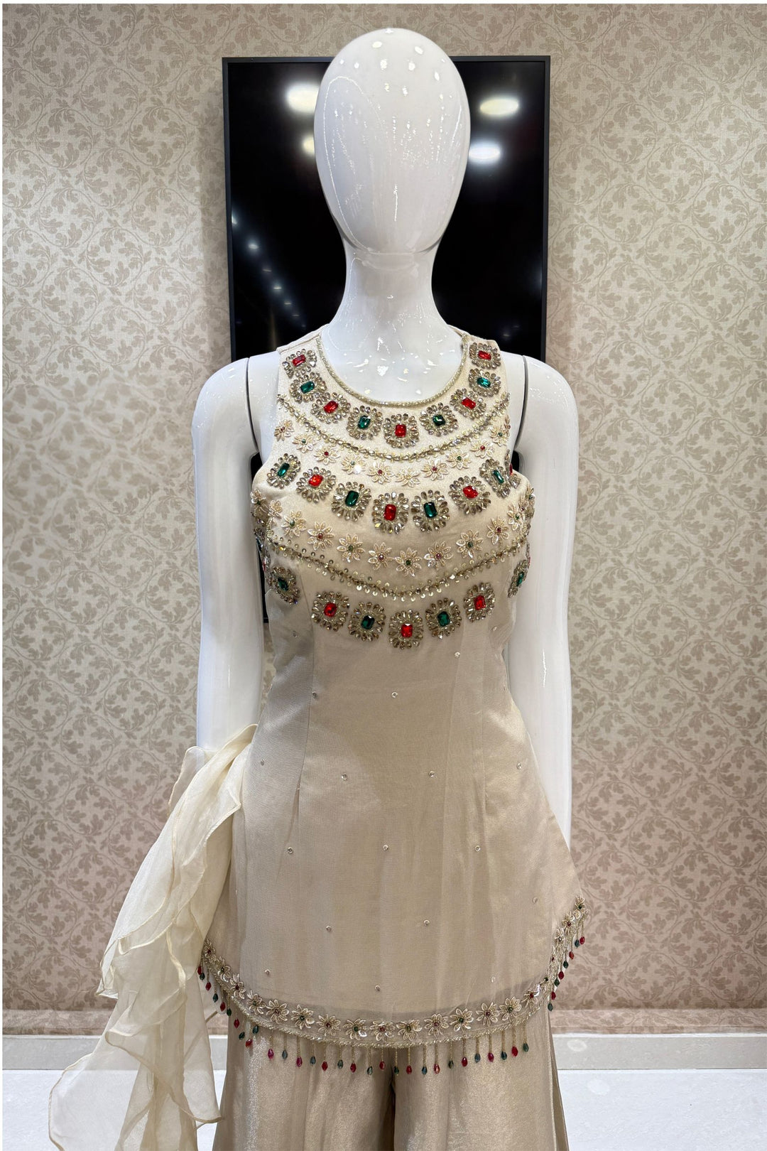 Silver Grey Palazzo Salwar Suit with Beads, Sequins and Stone Detailing