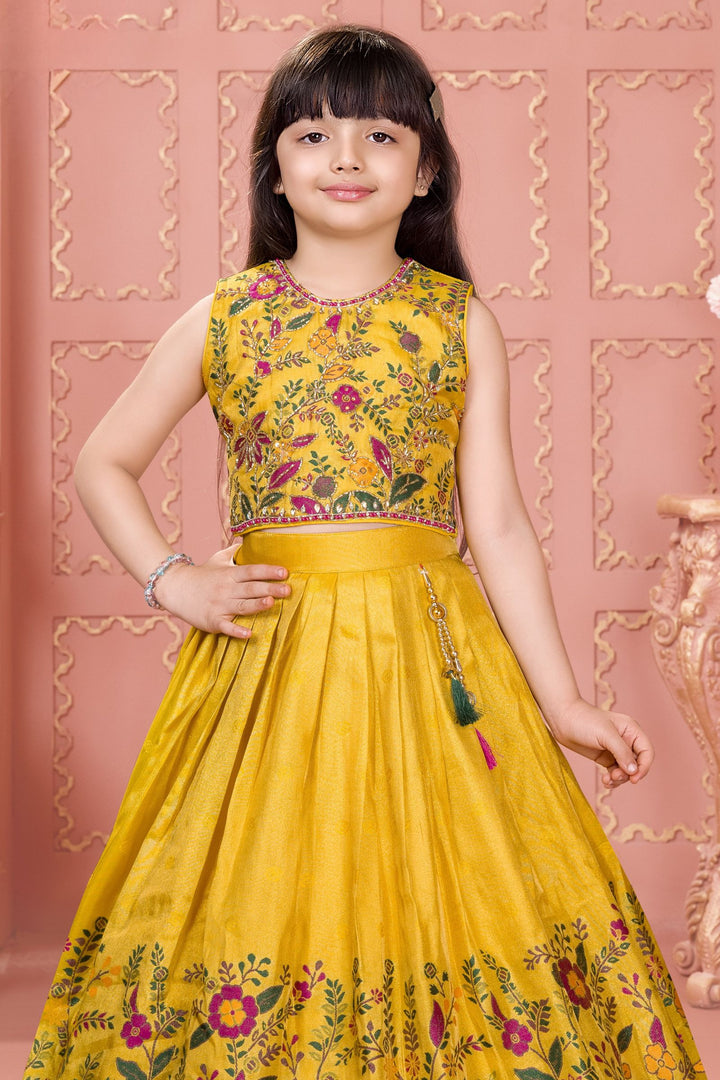 Yellow Jacquard, Beads and Stone work Lehenga Choli for Girls