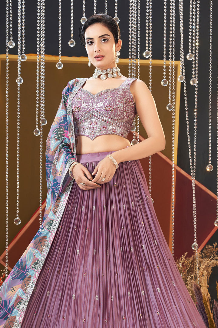 Onion Zari and Sequins work Crop Top Lehenga with Multicolor Digital Print Dupatta