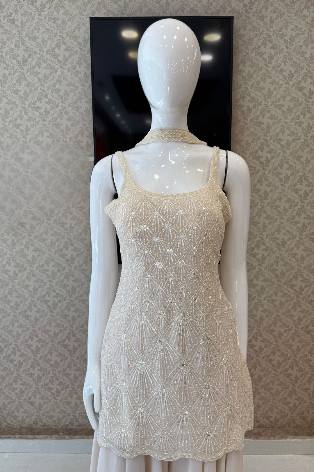 Cream Palazzo Salwar Suit with Beads and Sequins Detailing