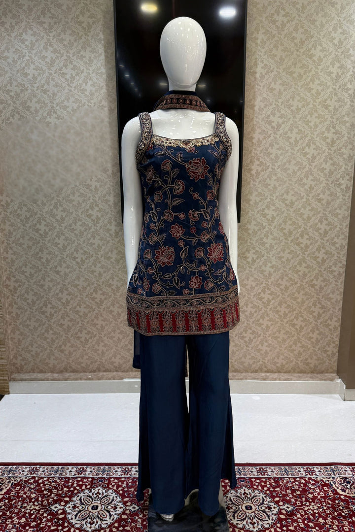 Navy Blue Zari, Zardozi, Sequins, Stone and Beads work with Floral Print Palazzo Salwar Suit