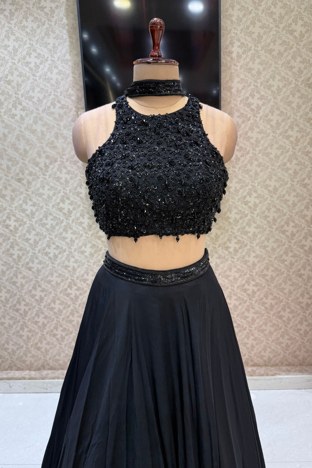 Black Beads and Sequins work Crop Top Lehenga