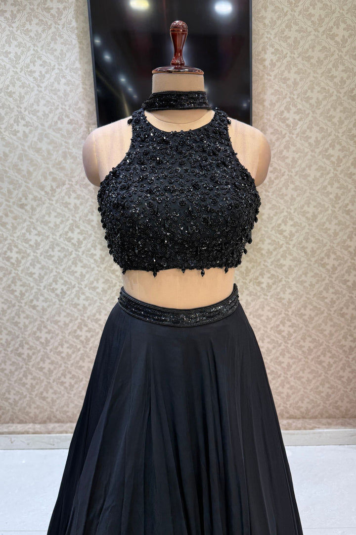 Black Beads and Sequins work Crop Top Lehenga