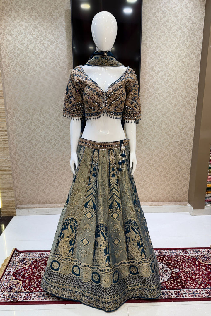 Peacock Blue Mirror, Beads, Zari, Sequins and Banaras work Crop Top Bridal Lehenga