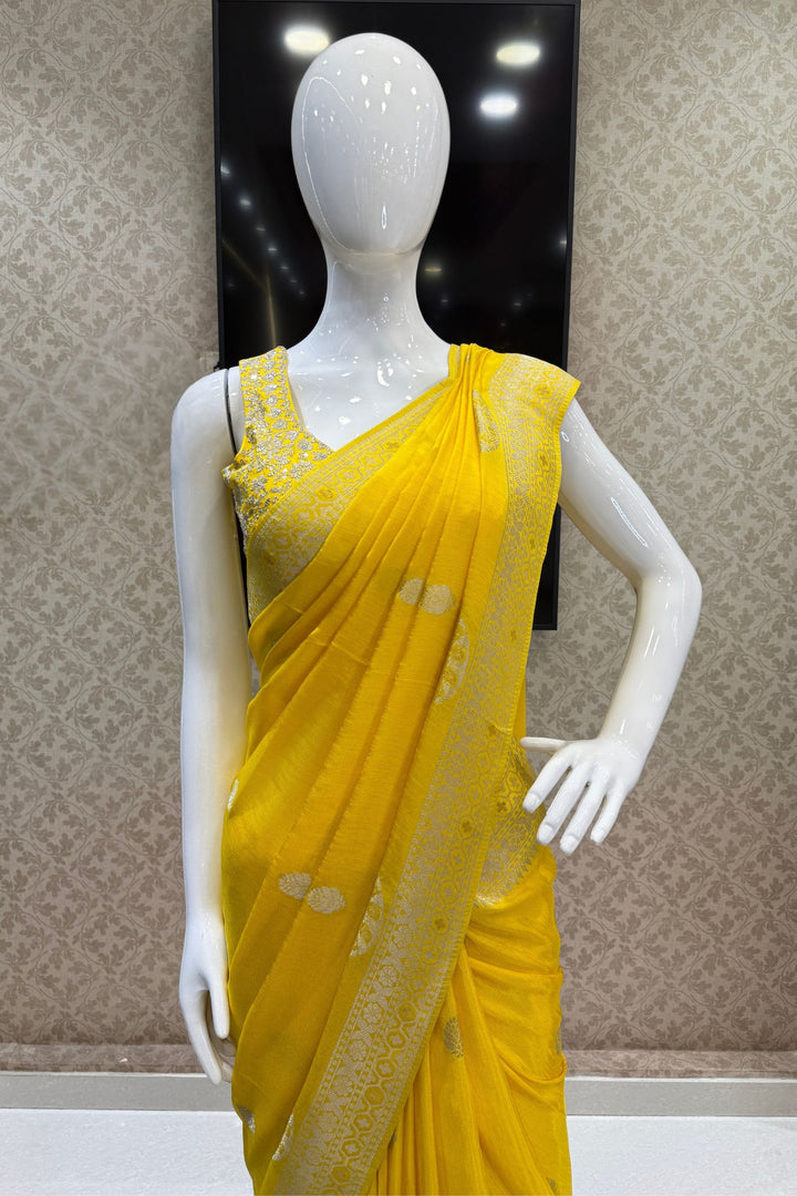 Yellow Banaras Zari work Saree with Zari and Sequins work Readymade Blouse