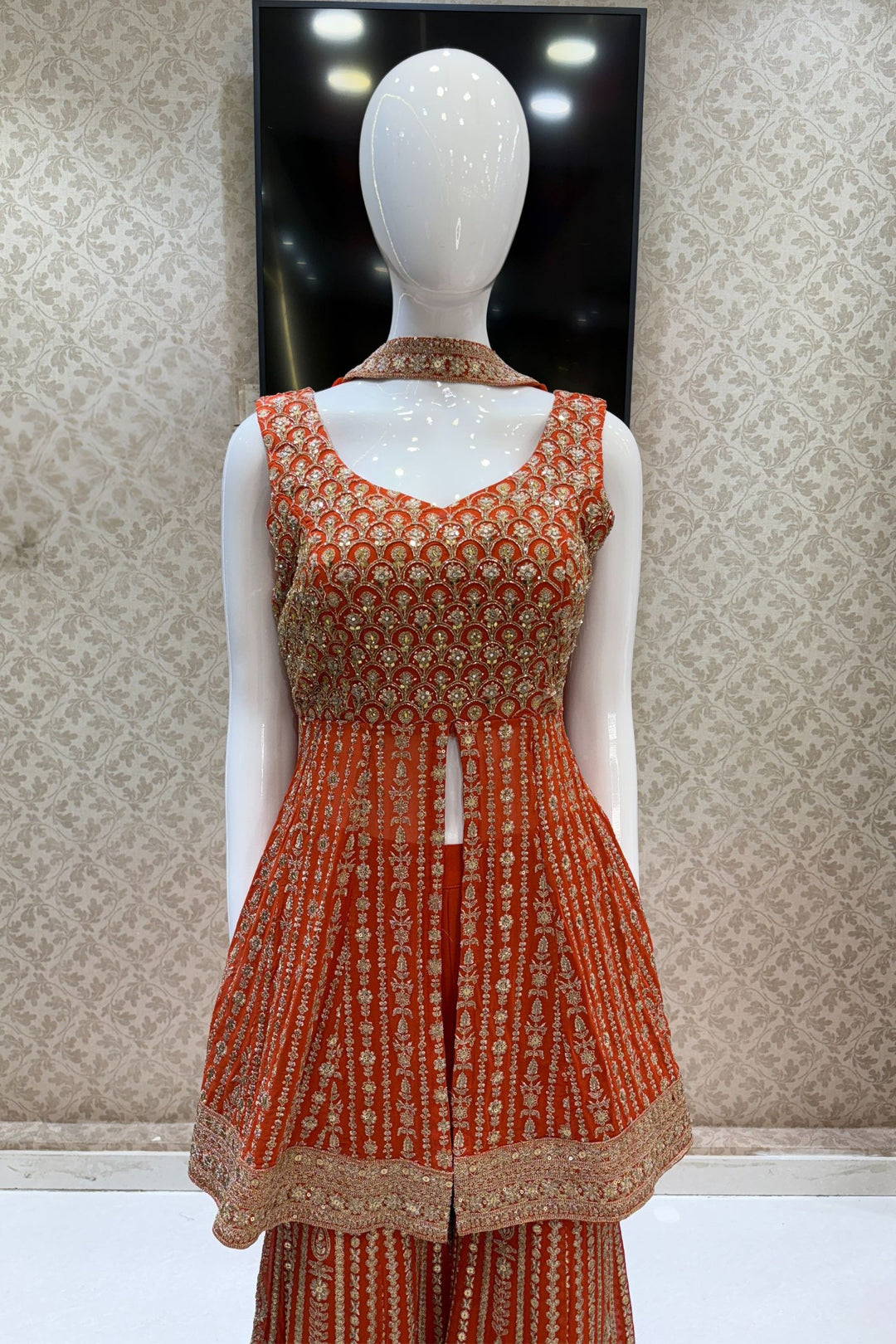 Orange Sequins, Zari, Mirror, Stone and Beads work Palazzo Salwar Suit