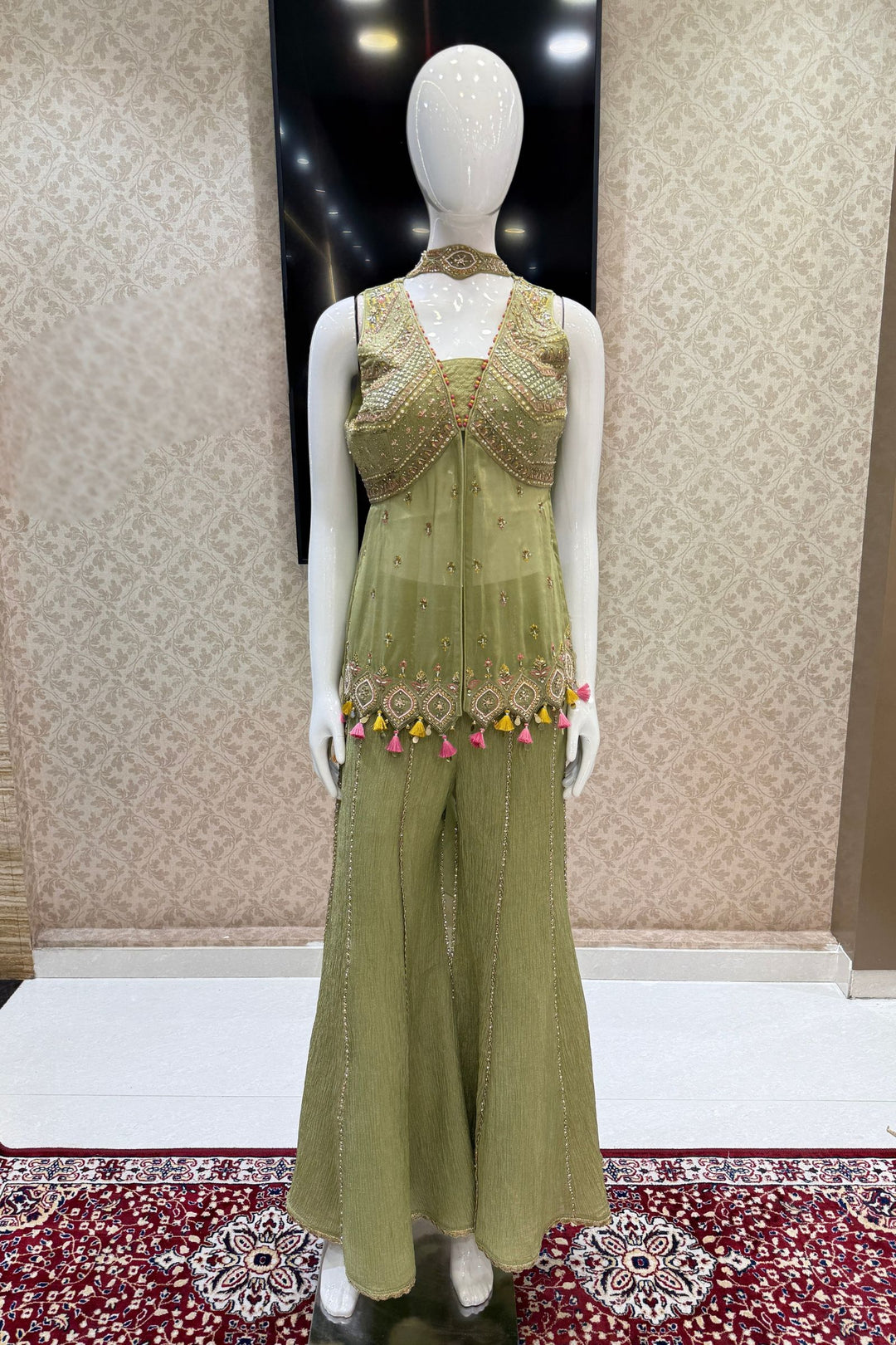 Pista Green Palazzo Salwar Suit with Beads, Sequins, Stone, Thread and Zardozi Detailing