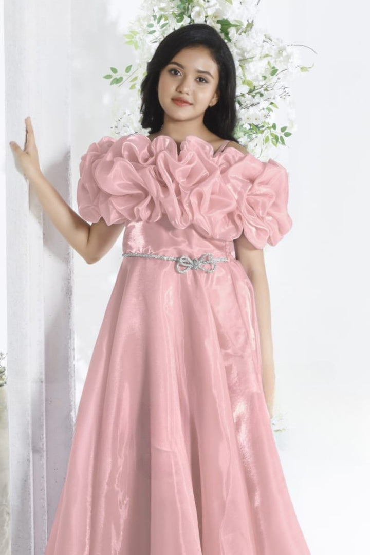 Peach Stone work Long Party Frock for Girls