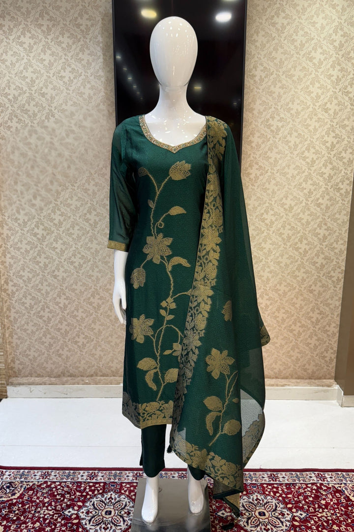 Green Banaras, Stone, Zardozi, SEquins, Beads and Zari work Straight Cut Salwar Suit