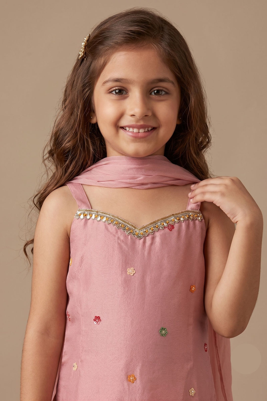 Onion Pink Sequins and Beads work Sharara Suit Set for Girls