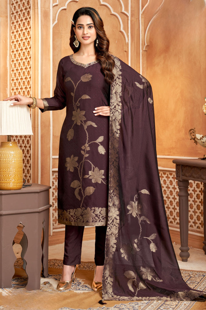 Brown Banaras, Stone, Zardozi, Sequins, Beads and Zari work Straight Cut Salwar Suit