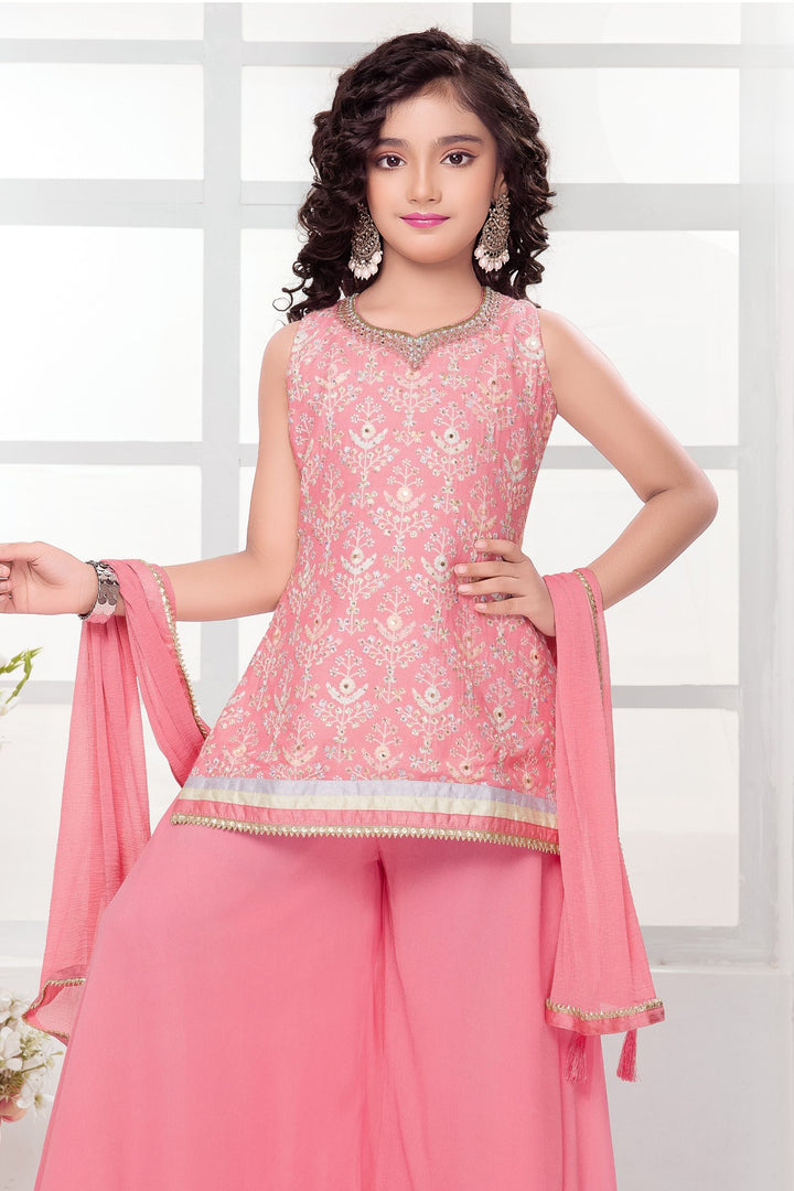 Pink Multicolor Thread, Stone, Mirror and Zardozi work Palazzo Suit Set for Girls