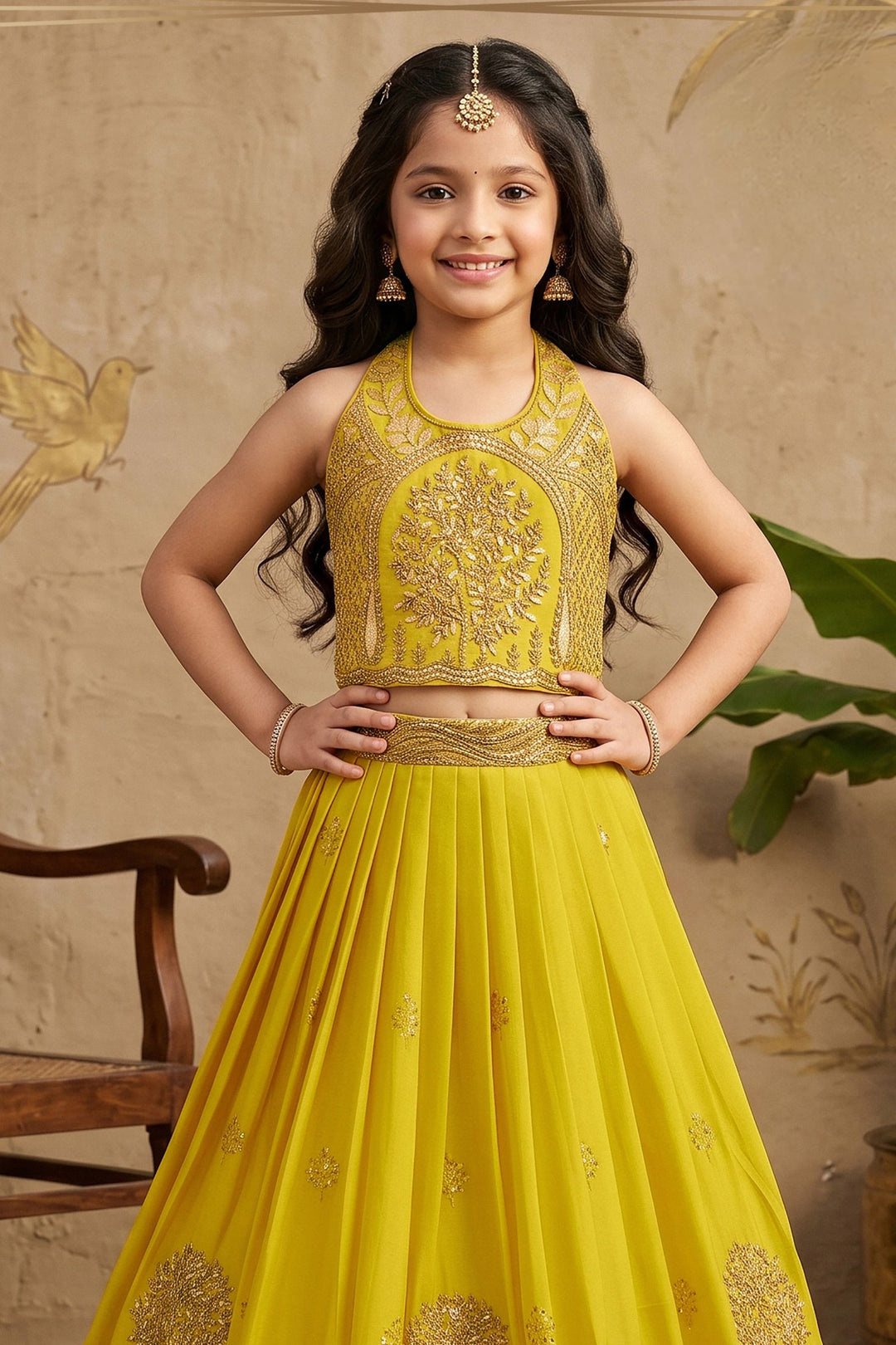 Mustard Yellow Halter Neck Girls Lehenga Choli with Gold Zari Embroidery and Sequins work