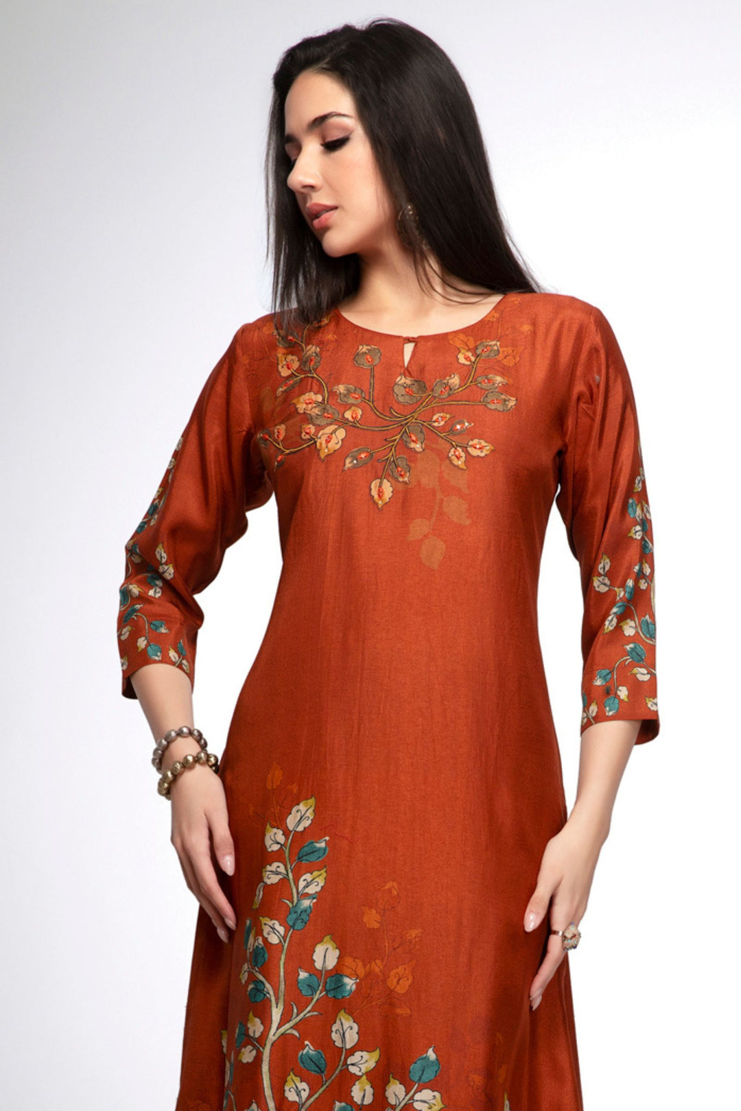 Rust Mirror work with Digital Print Calf Length Kurti