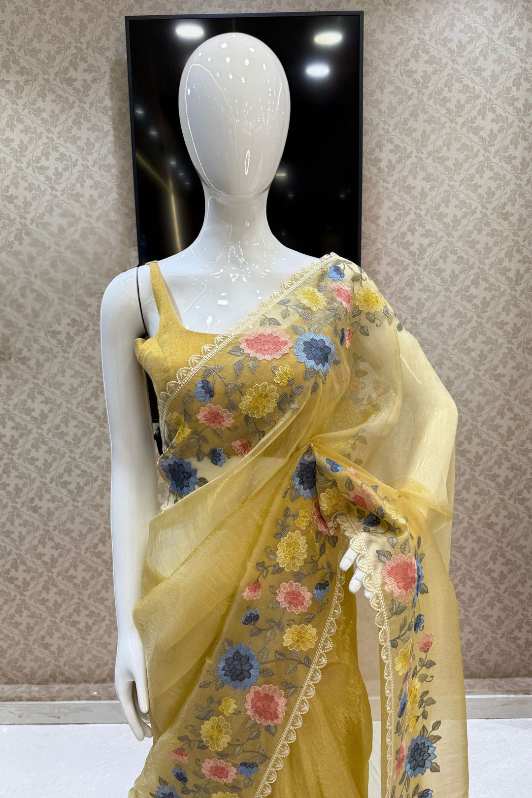 Yellow Multicolor Embroidery work Saree