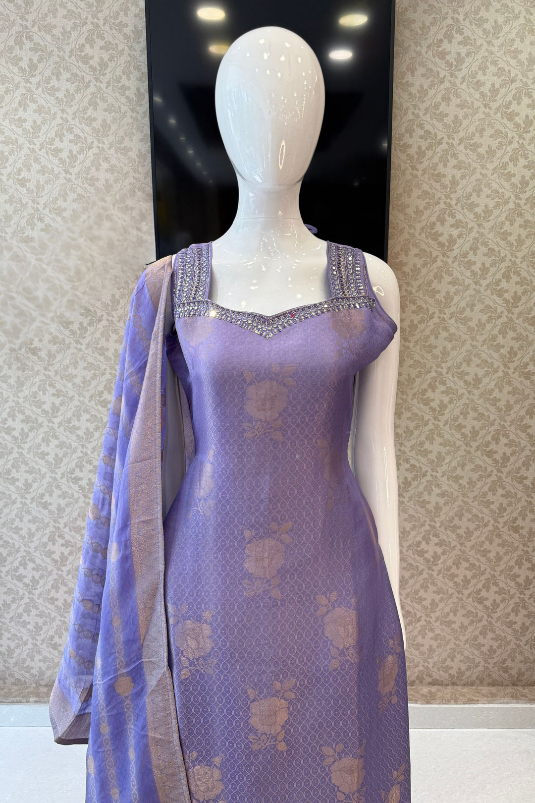 Lilac Banaras, Mirror, Zardozi, Beads, Stone and Sequins work Straight Cut Salwar Suit