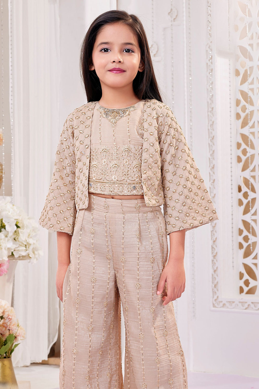 Beige Thread, Stone and Zardozi work Jacket Styled Palazzo Set For Girls