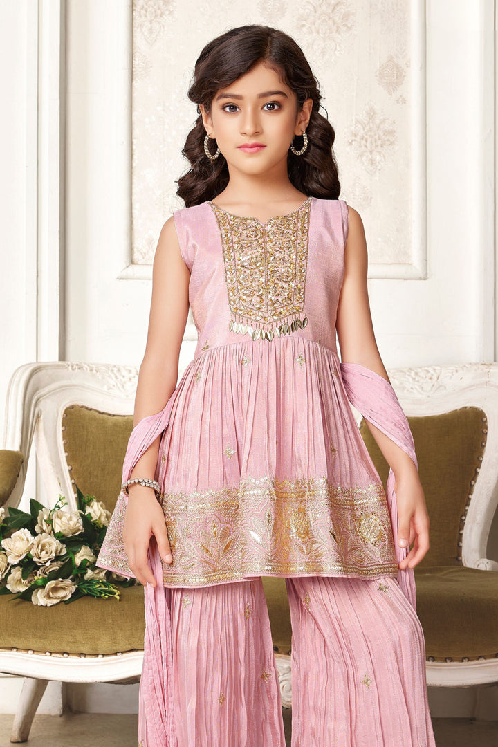 Lilac Gota Patti, Sequins and Zari work Peplum Top and Sharara Set for Girls