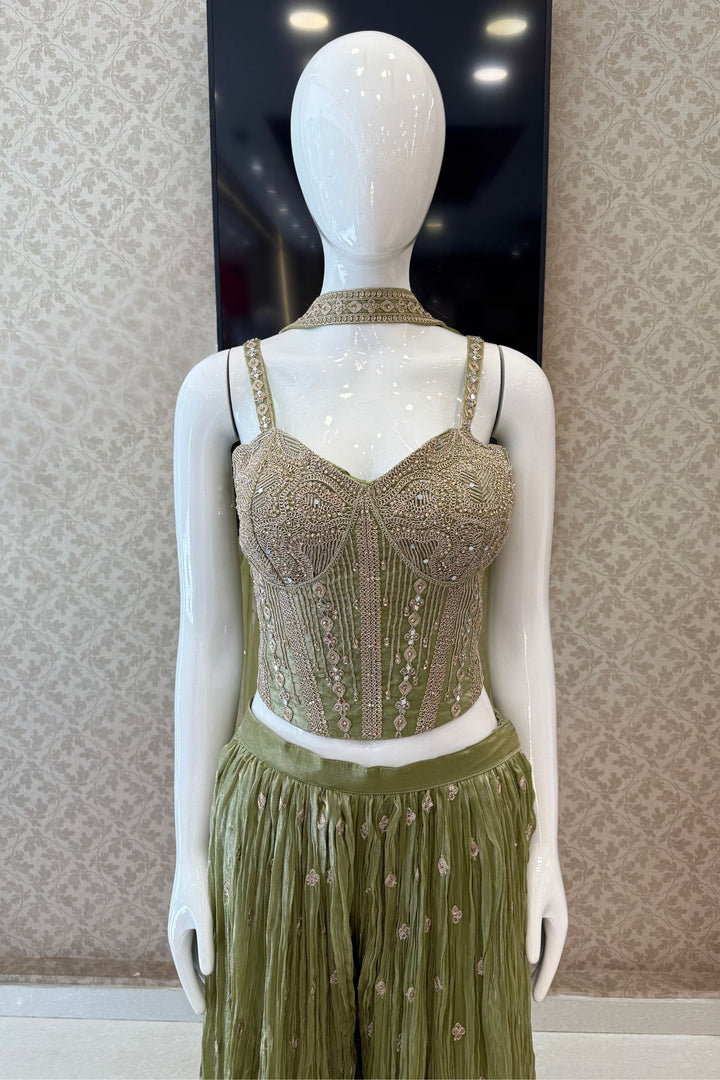 Pista Green Zari Thread, Mirror and Stone work Palazzo Set with Corset Top