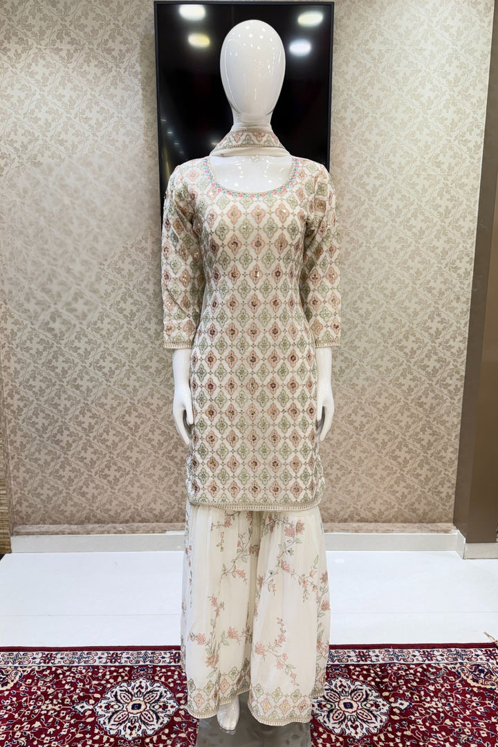 Cream Multicolor Thread, Zari, Sequins, Mirror, Stone and Zardozi work Sharara Salwar Suit