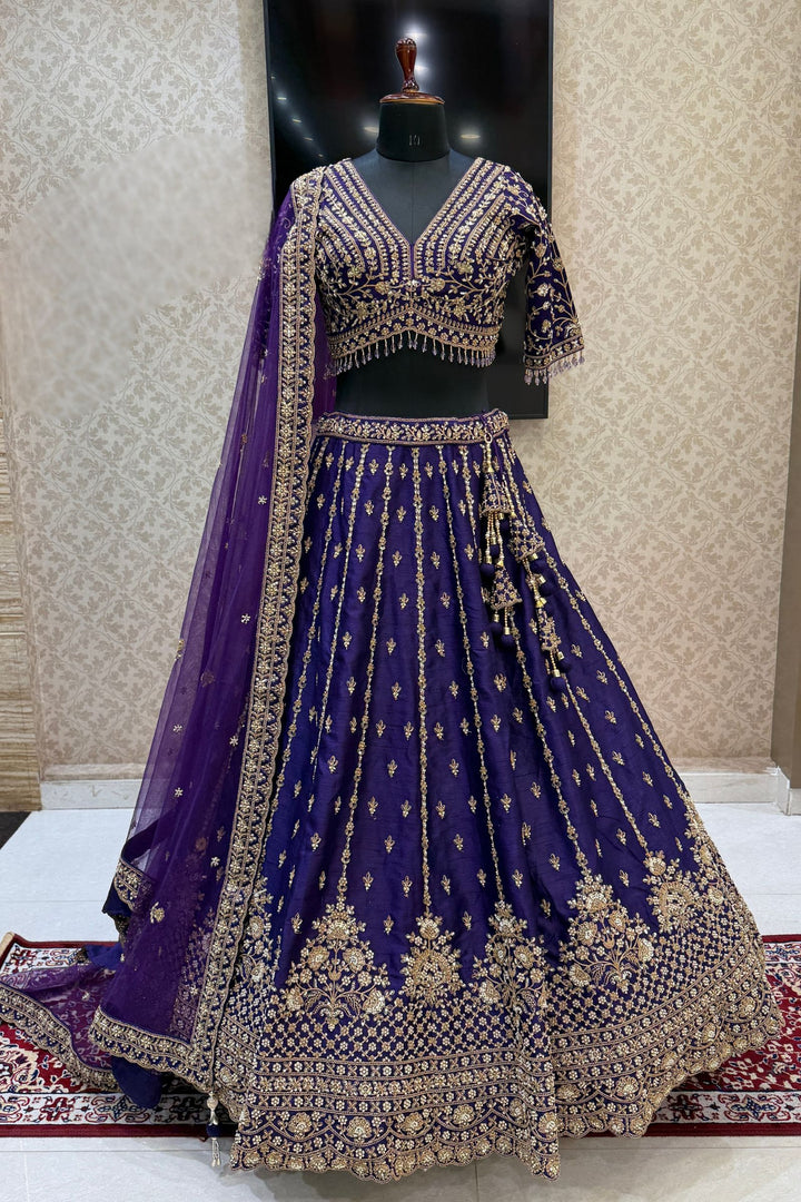 Purple Beads, Zari, Zardozi and Sequins work Crop Top Designer Bridal Lehenga with Belt