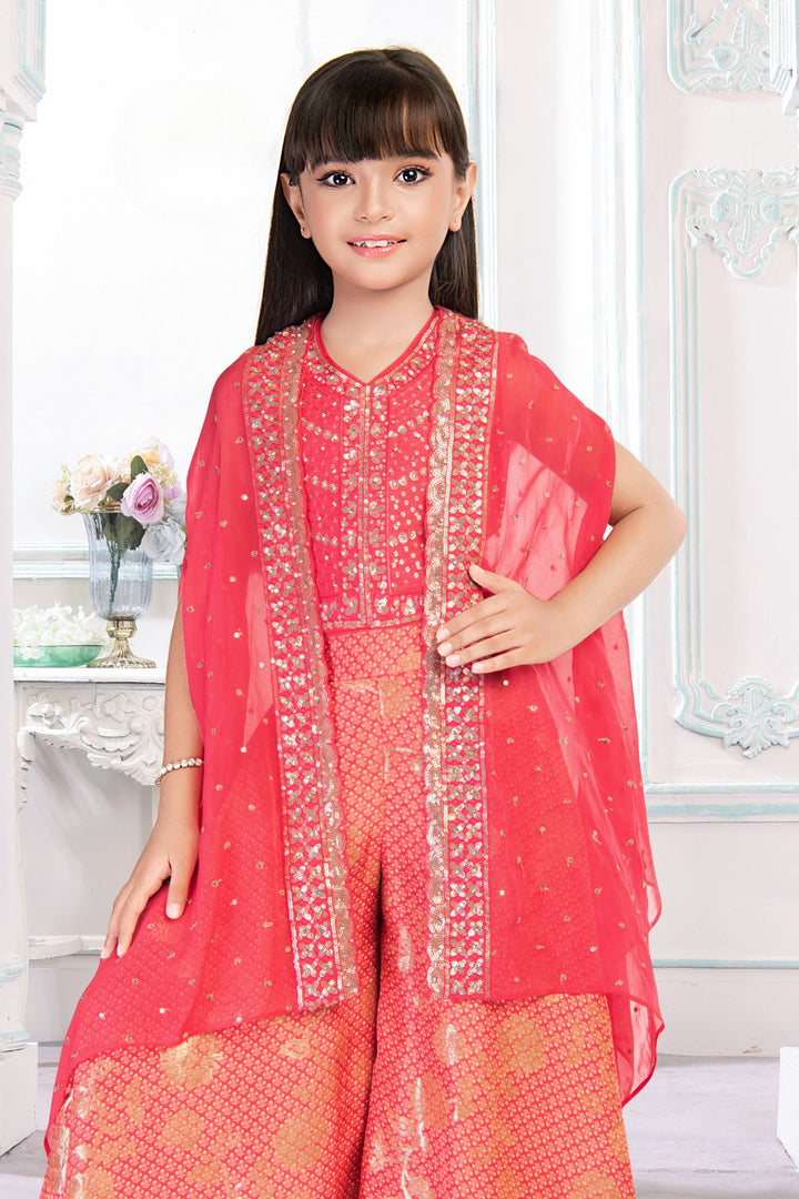 Tomato Thread, Sequins and Zari work Overcoat Styled Printed Palazzo Set For Girls