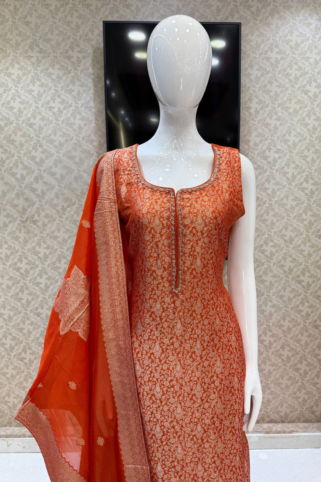 Orange Zardozi, Stone, Thread and Brocade work Straight Cut Salwar Suit