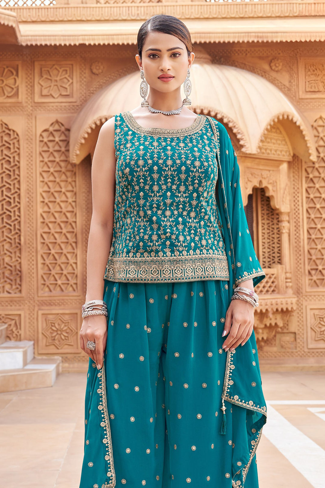 Rama Blue Silver Zari and Sequins work Palazzo Salwar Suit