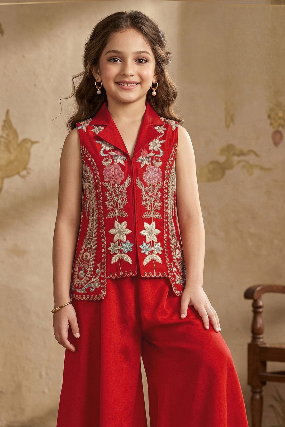 Red Girls Palazzo Set with Embroidery, Beads and Sequins work