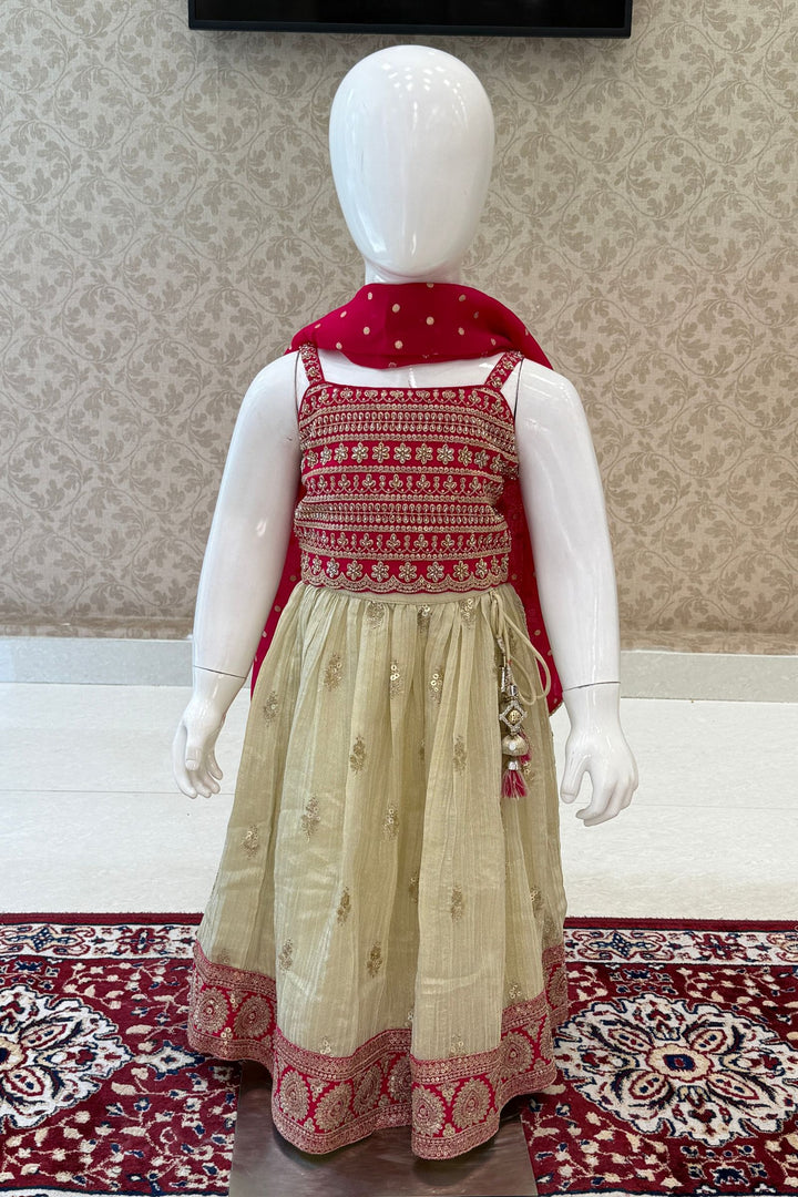 Rani Pink with Cream Sequins, Beads and Zari work Lehenga Choli for Girls