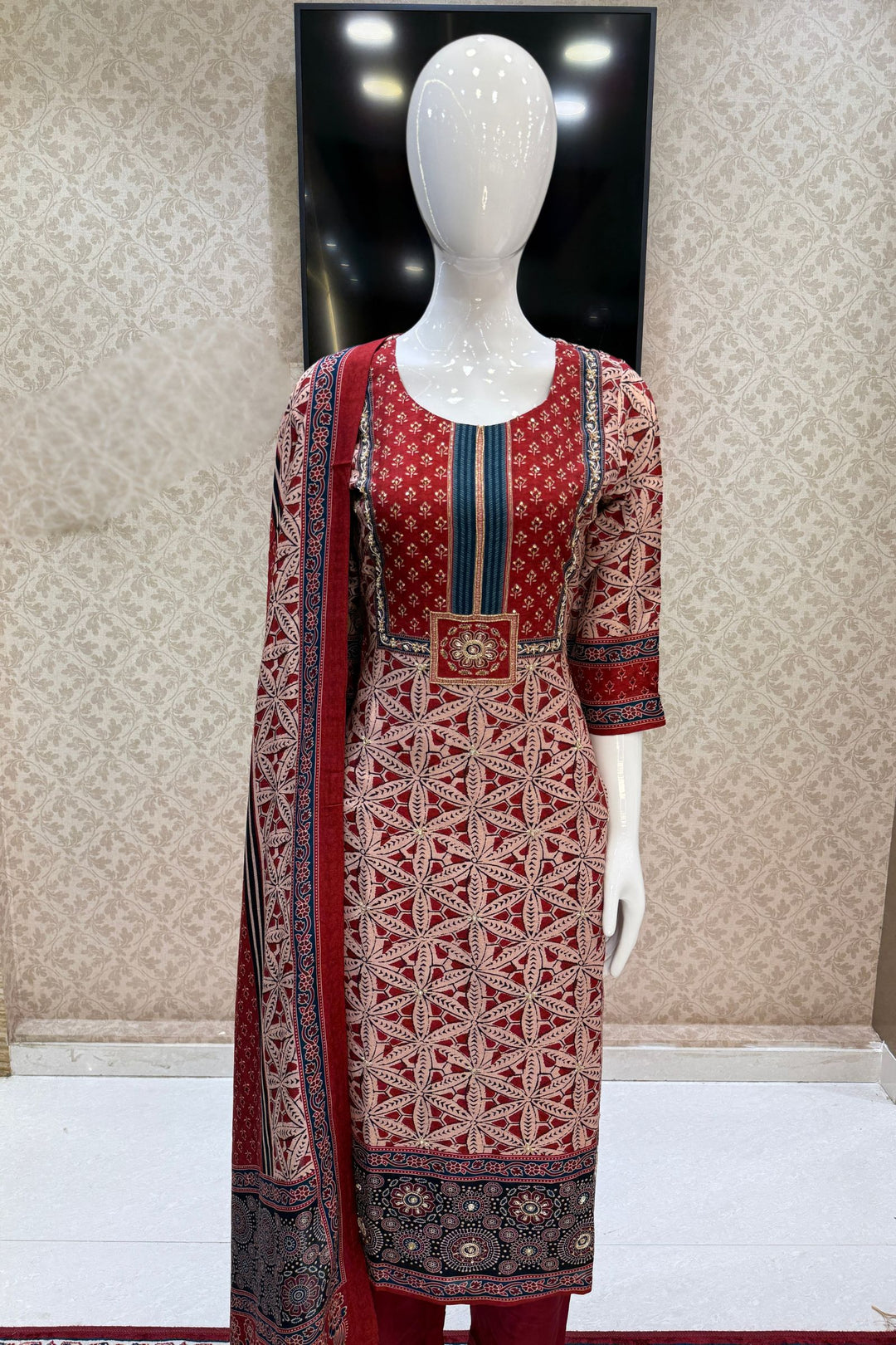 Maroon with Beige Sequins and Beads work with Ajrakh Print Straight Cut Salwar Suit