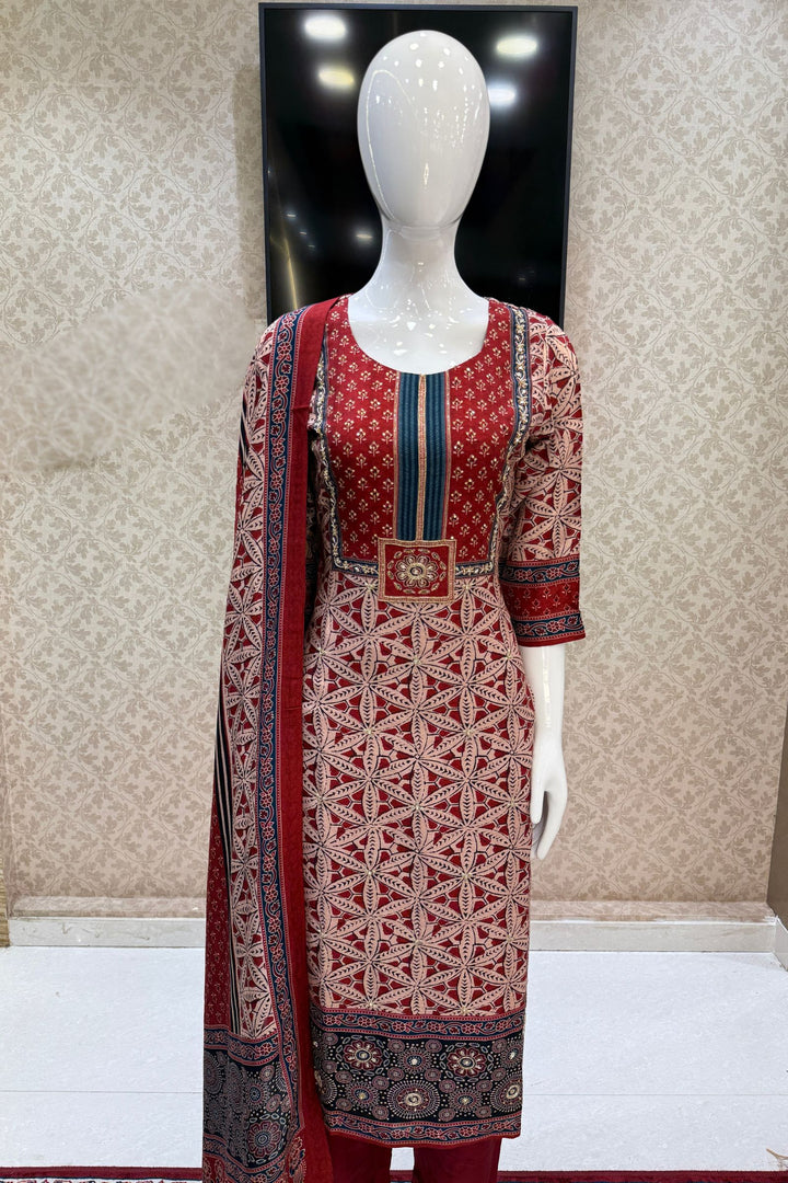 Maroon with Beige Sequins and Beads work with Ajrakh Print Straight Cut Salwar Suit