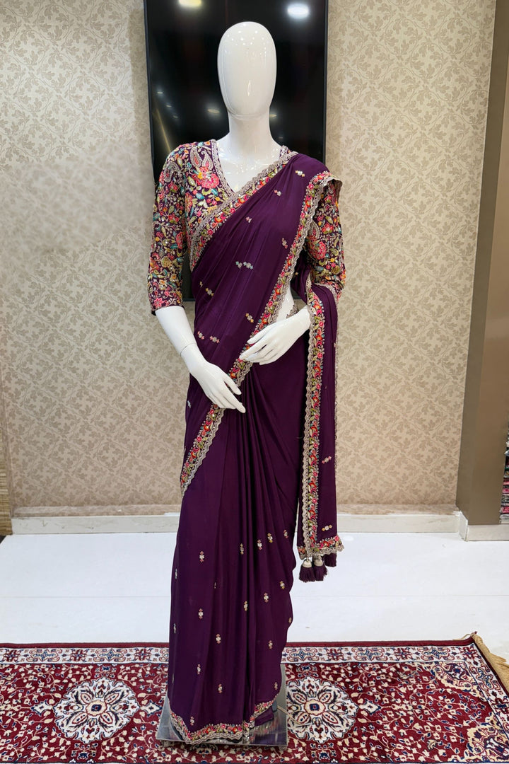 Purple Embroidery, Sequins and Zari work Saree