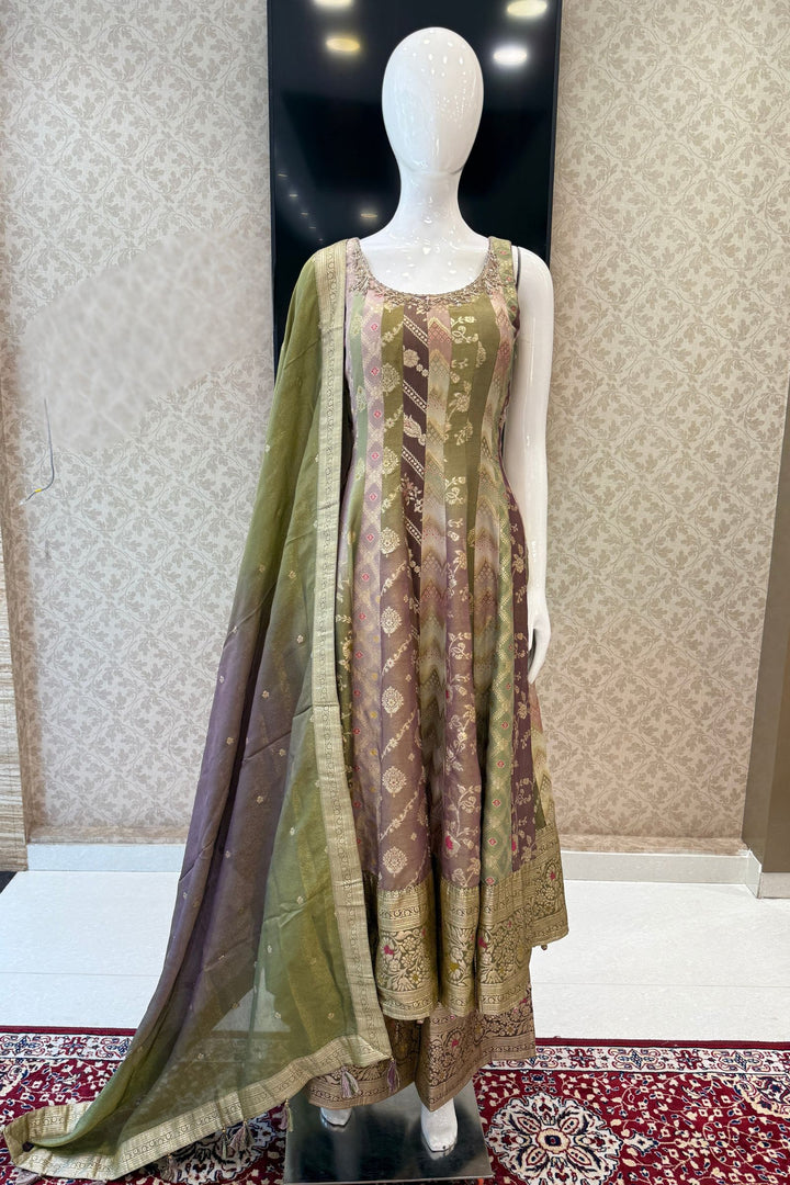 Multicolour Banarasi Anarkali Palazzo Set with Zari Dupatta