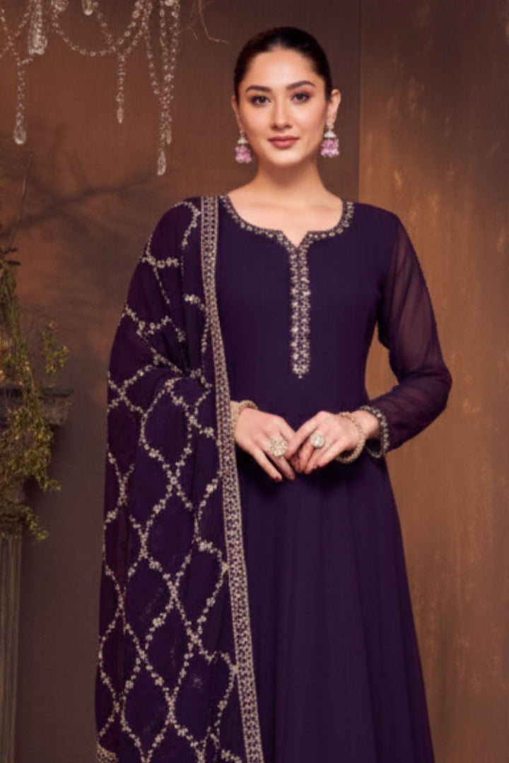 Dark Wine Stone, Sequins, Zardozi and Beads work Aline Cut Salwar Suit