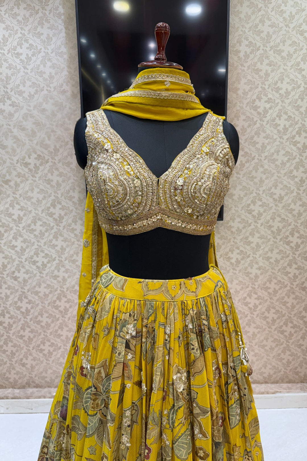 Olive Green Sequins, Stone, Beads, Zari and Zardozi work with Digital Print Crop Top Lehenga