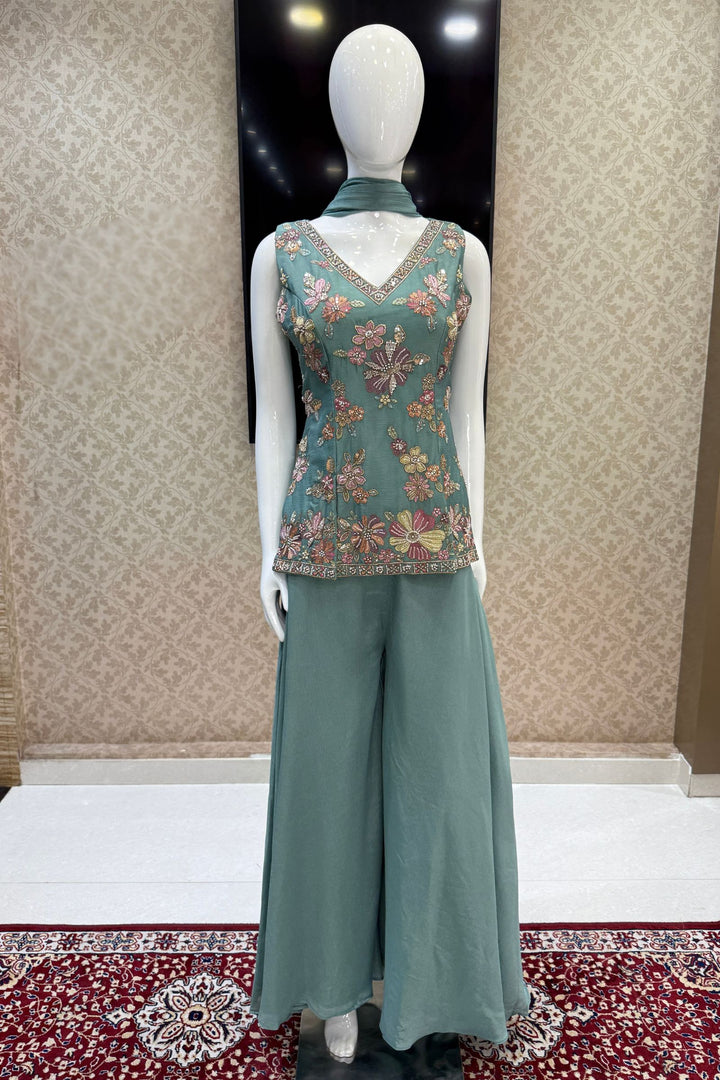 Sea Green Palazzo Set Featuring All-Over Multicolor Embroidery, Beads, Sequins and Zari