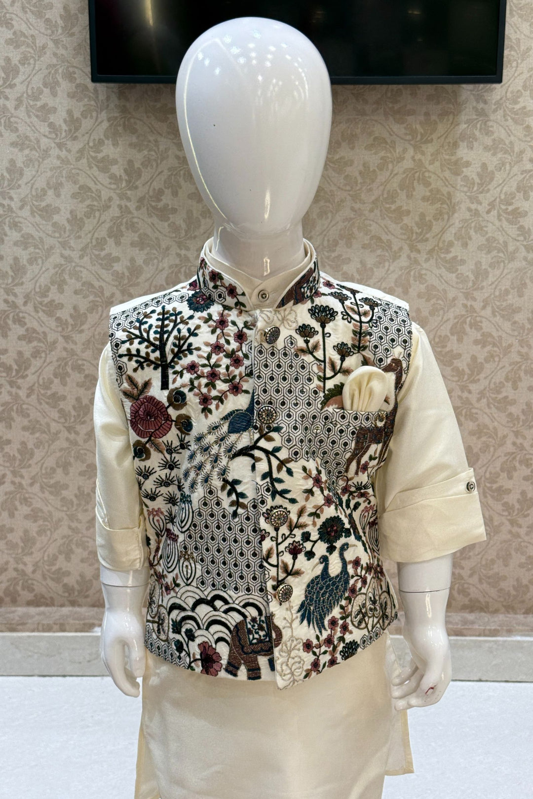 Cream Sequins, Zari and Embroidery work Waist Coat Kurta Set for Boys