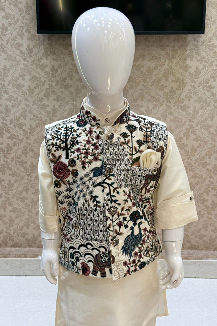 Cream Sequins, Zari and Embroidery work Waist Coat Kurta Set for Boys