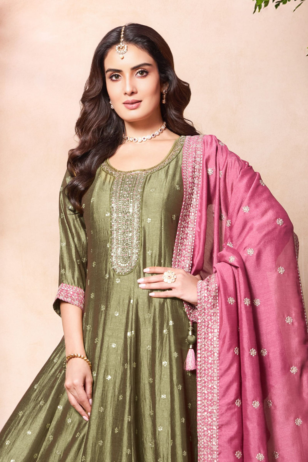 Olive Green Beads, Zardozi, Thread, Sequins, Stone and Zari work A-line Cut Salwar Suit