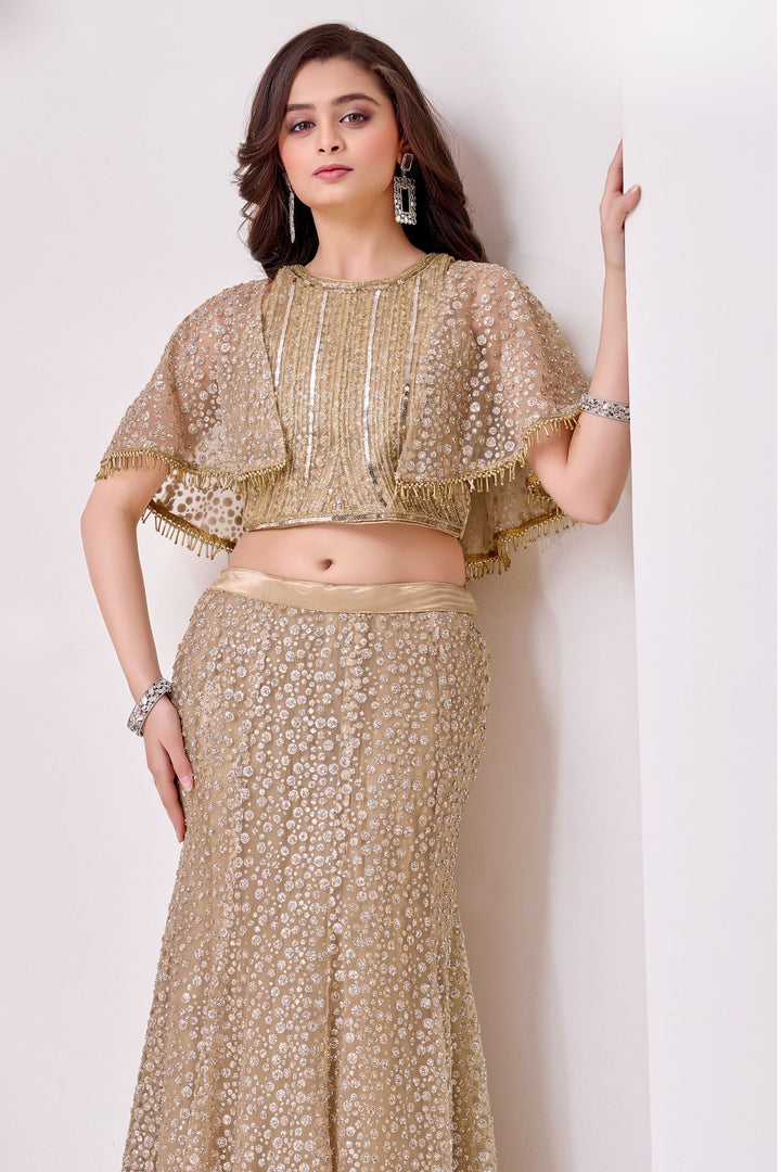 Gold with Poncho Beads and Sequins work  Indo-Western Styled Lehenga Choli for Girls