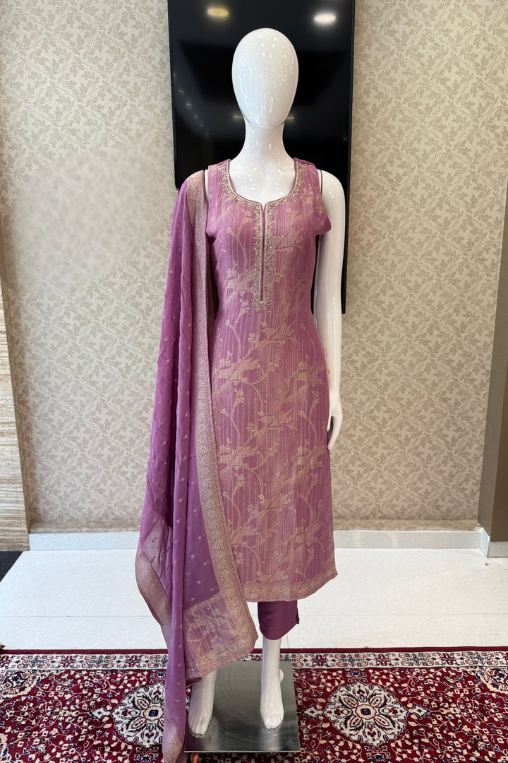 Lavender Banaras, Beads, Zardozi, Stone and Mirror work Straight Cut Salwar Suit