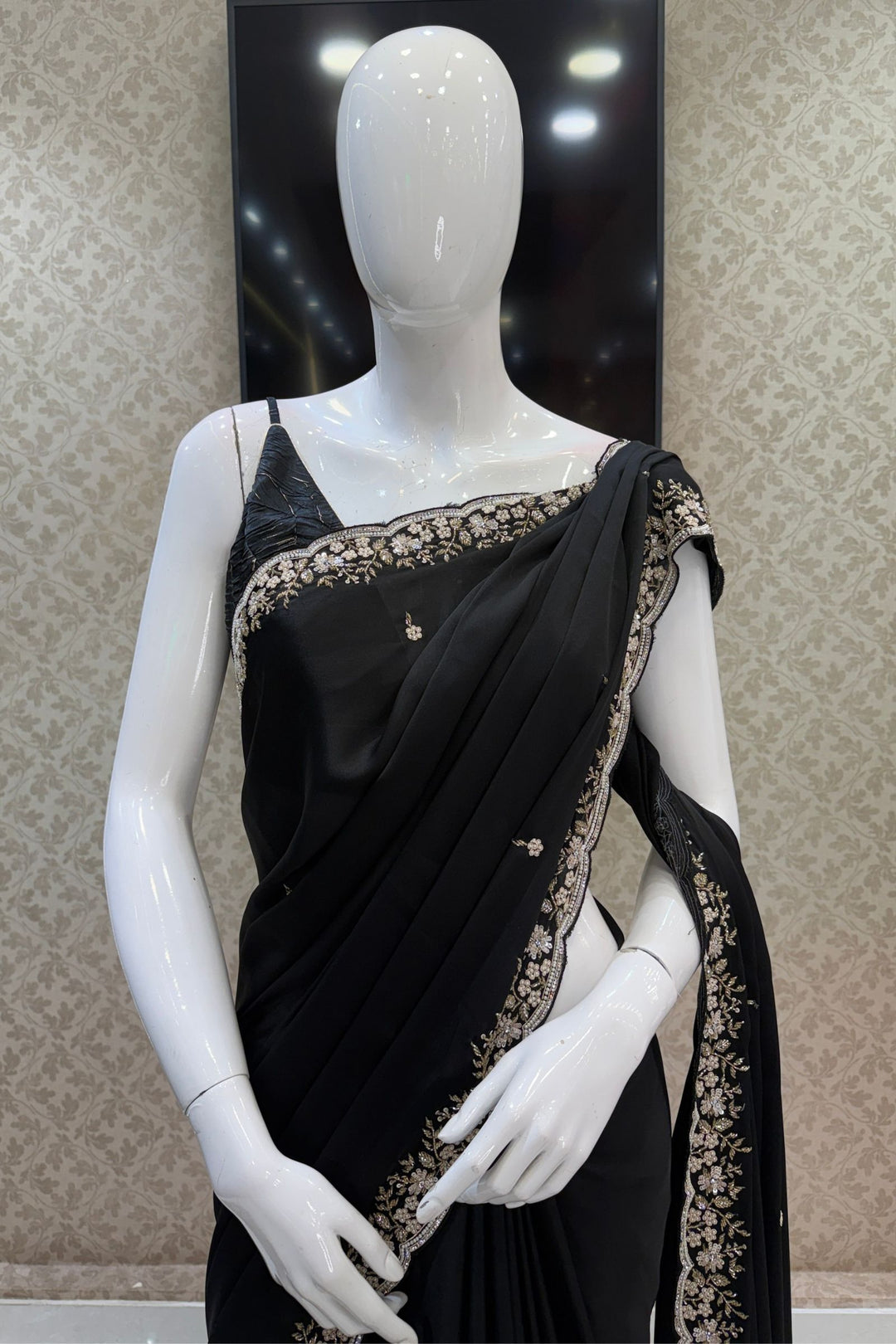 Black Satin Saree Featuring Exquisite Stone, Bead, Zardozi and Sequins