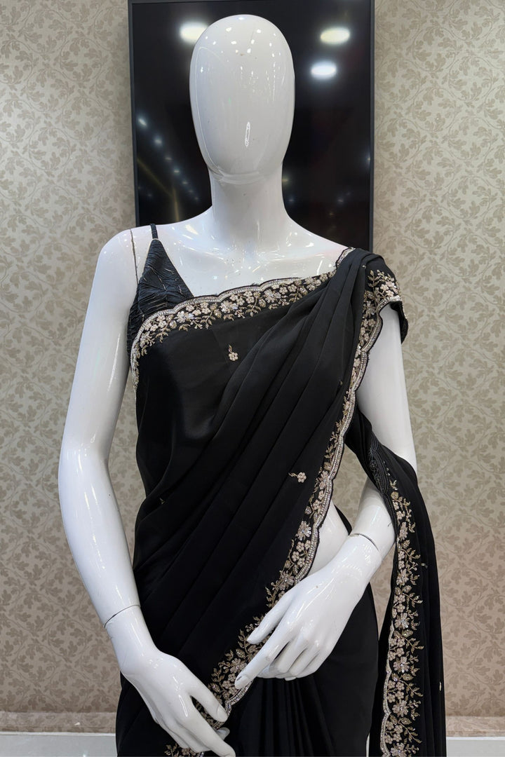 Black Satin Saree Featuring Exquisite Stone, Bead, Zardozi and Sequins