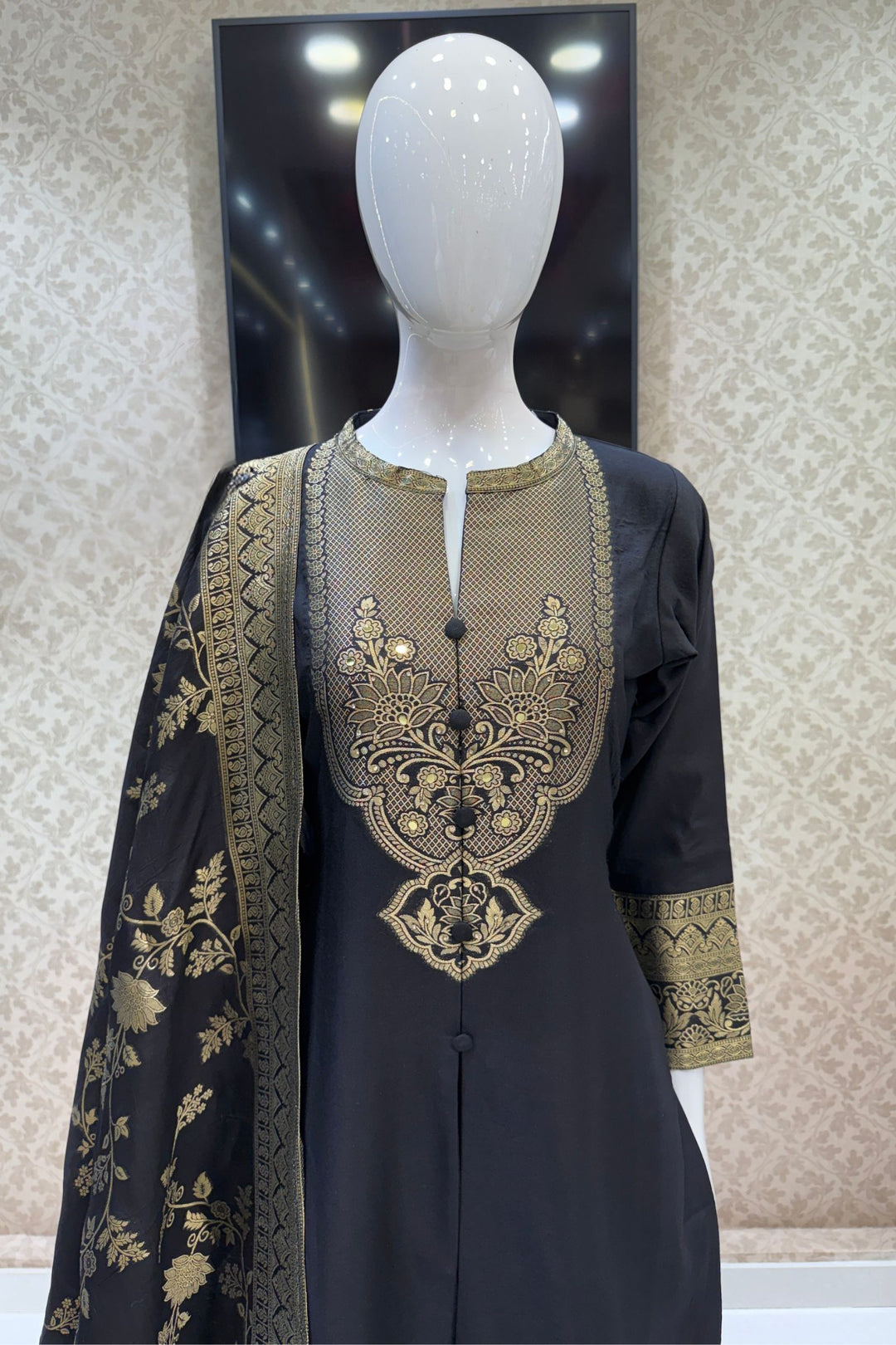 Black Straight Cut Salwar Suit with Stone, Mirror and Banaras work