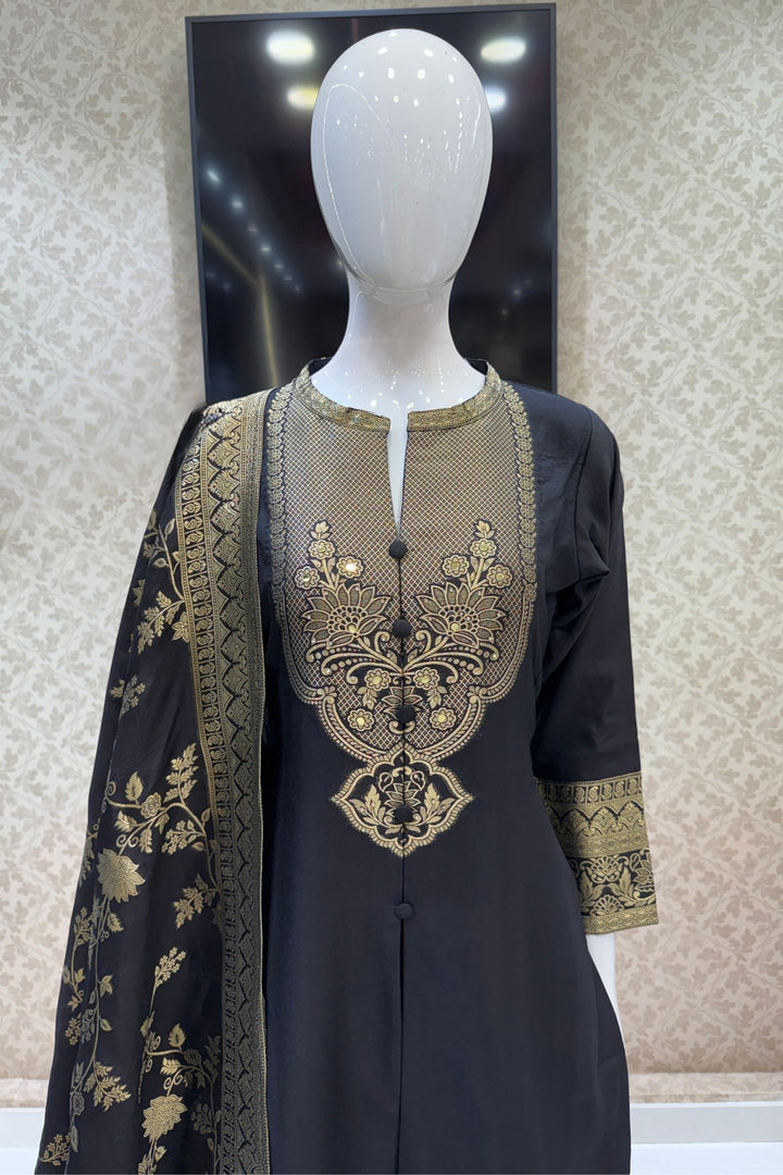 Black Straight Cut Salwar Suit with Stone, Mirror and Banaras work
